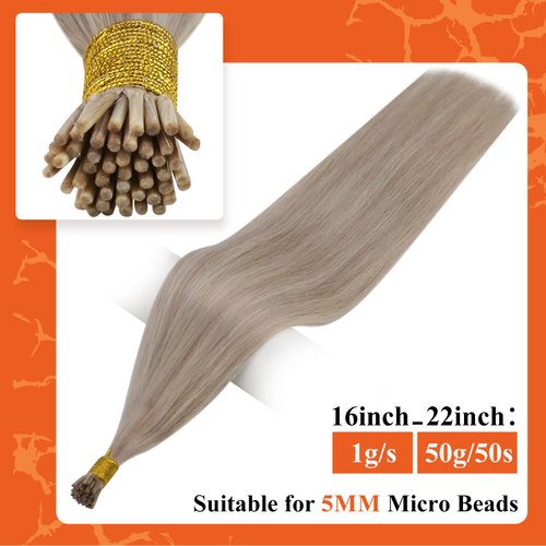 Full Shine I Tip Hair Extensions Human Hair Blonde 18 Ash Blonde Highlighted 613 Bleach Blonde I Tip Extensions Remy Human Hair Fusion Hair Extensions Micro Beads 50s/50g 20Inch