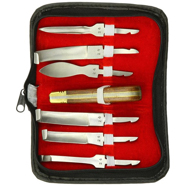 TAMSCO Hoof Knife Set (7) Handle and 6 Blades Stainless Steel Interchangeable Heads Convienient Zipper Case