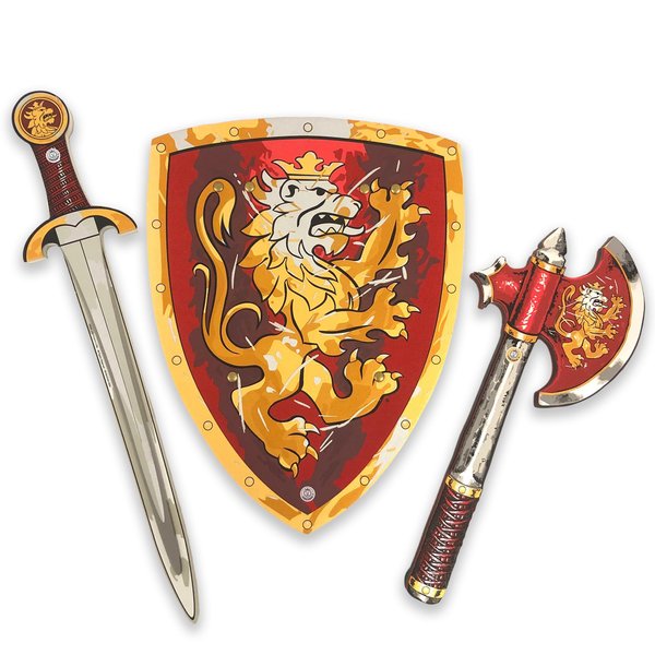 Liontouch - Noble Knight Toy Sword, Shield & Axe, Red | Medieval Pretend Play Set in Foam for Children with Golden Lion Theme | Safe Weapons & Combat Accessories for Dress Up & Costumes for Boys