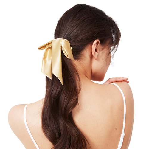 Consysi 1 Piece Silk Bow Scrunchies for Hair-100% Pure Mulberry 22 Momme Silk Hair Tie, Elastic Ponytail Holder, Elegant Soft Bow Hair Ties Band for Women Hair Care, Multiple Colours (Gold)