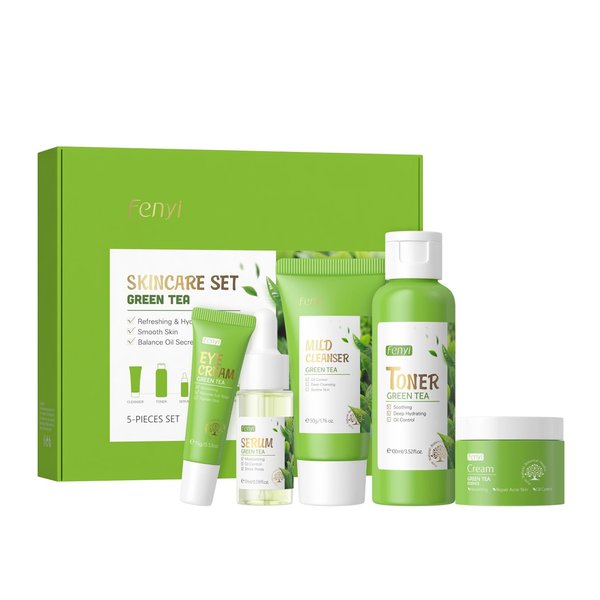 Green Tea Skincare Set, Skincare Gift Set 5PCS, Face Cleanser, Toner, Face Serum, Face Cream, Eye Cream, Natural Extract, Hydrating, All Skin Types