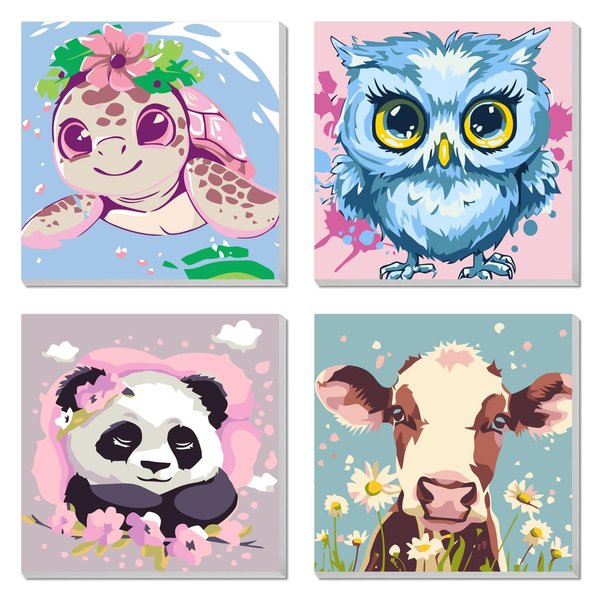 4pc Animal Paint by Numbers Kit for Kids Beginner Paint by Number Kits Age 4-8 Painting Kits for Kids Ages 8-12 Girls Framed Canvas Paint by Number Animals Drawing Kit Color by Number Kids 8x8 Inch