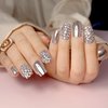 Leuhiove 24 Pcs Glitter Rhinestones Metallic Silver Press on Nail Square Short Punk Gel Sticker,Reflective Mirror Metal Plating Chrome False Nail Tips Bling Diamond Fake Nails press ons With Glue