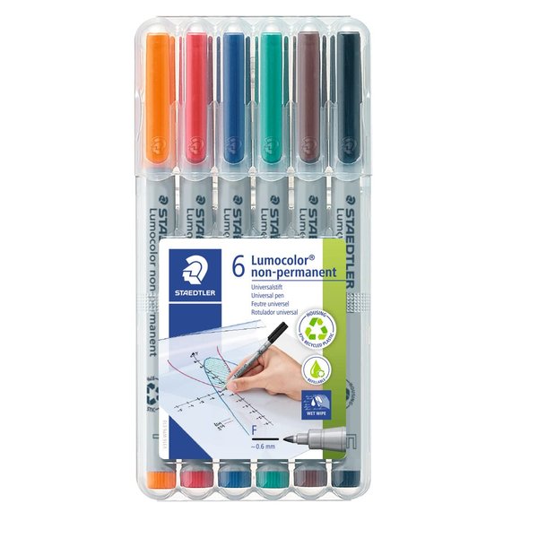 Staedtler Lumograph Non-Permanent Wet Erase Marker Pens, Fine Tip Refillable Colored Markers, 6 Pack, 315 WP6