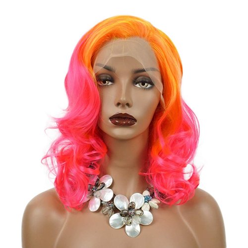 Wiginway Orange Pink Synthetic Lace Front Wig With Side Parting 14 Inch Drag Queen Wavy Wig Ombre Short Bob Wigs For Black Women