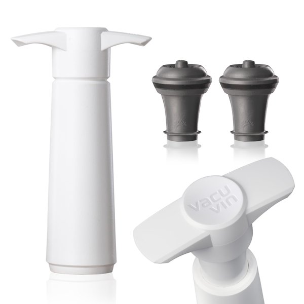 Vacu Vin Wine Saver Pump White with Vacuum Wine Stopper - Keep Your Wine Fresh for up to 10 Days - 1 Pump 2 Stoppers - Reusable - Made in the Netherlands