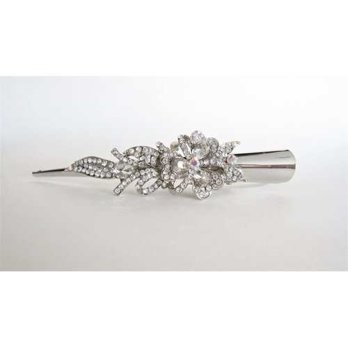 Silver alligator flower and ribbon hair claw clip with clear and AB crystals