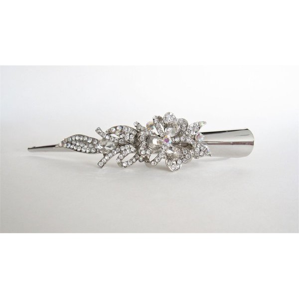 Silver alligator flower and ribbon hair claw clip with clear and AB crystals