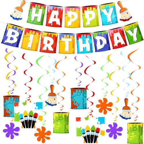 Shappy 25 Pieces Art Painting Party Decorations Includes 1 Happy Birthday Art Banner 12 Painting Birthday Card and 12 Art Hanging Swirl for Art Painting Theme Birthday Party Supplies