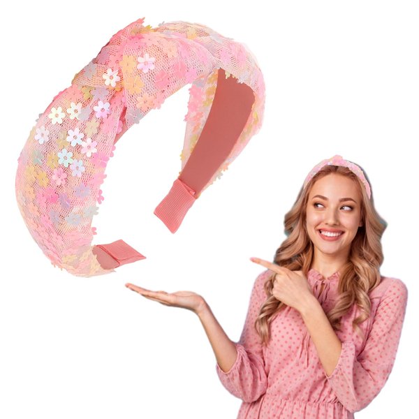 GAFATORY Pink Sequin Headband Sparkly Glitter Headband for Girls Knotted Hair Band Pink Hair Accessories Fashion Headbands for Women Twist Hairband