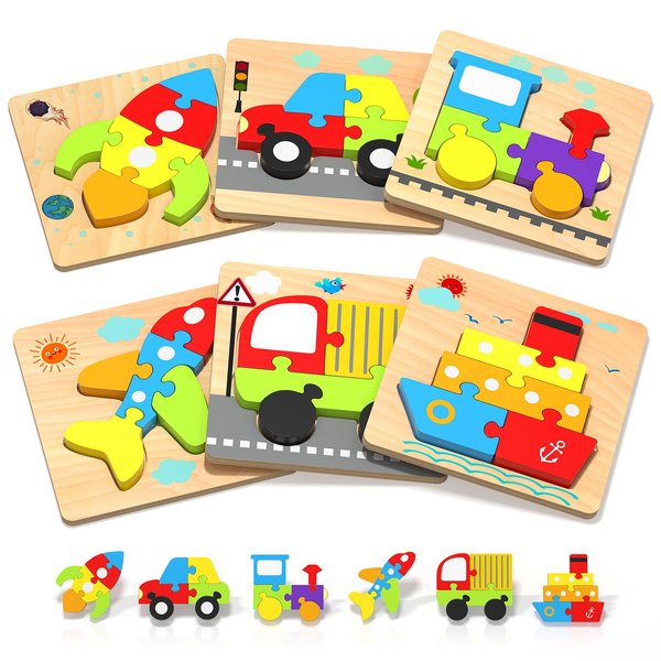 Wooden Puzzles Toddler Toys for 1 2 3 Years Old Boys Girls, 6 Vehicle Shape Learning Educational Blocks Birthday Gifts Sensory Toys Stocking Stuffers Montessori Toys Age 1-3, 2-4
