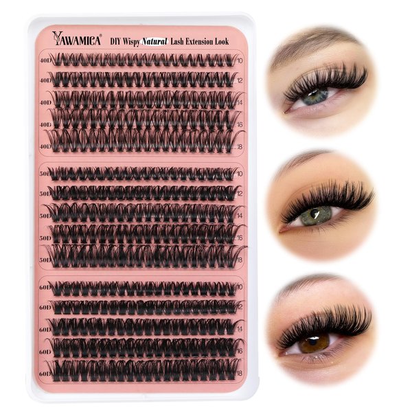 Yawamica Lash Clusters Wispy Eyelash Extension 10-18mm Individual Lashes D Curl Eyelash Clusters 40D+50D+60D Volume Cluster Eyelash Extensions Pestañas Pelo a Pelo DIY Lash Extension at Home