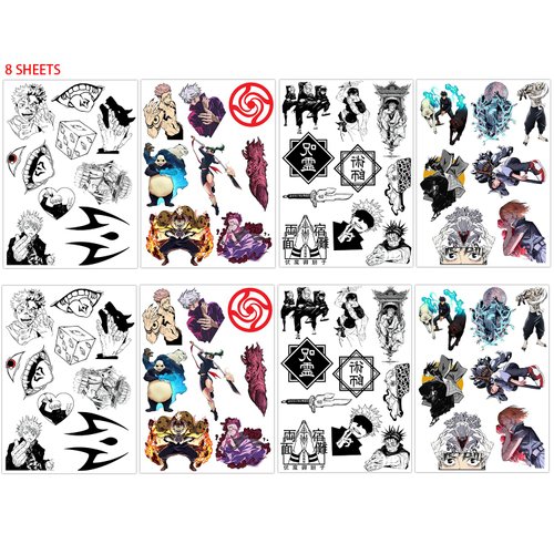Babymiu Anime JJK Temporary Tattoo（8 Sheets) Gifts Anime Decor Merch Cosplay Temporary Tattoos Cartoon Stickers Decal Party Favors Supplies for Teens Kids Man