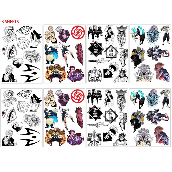 Babymiu Anime JJK Temporary Tattoo（8 Sheets) Gifts Anime Decor Merch Cosplay Temporary Tattoos Cartoon Stickers Decal Party Favors Supplies for Teens Kids Man