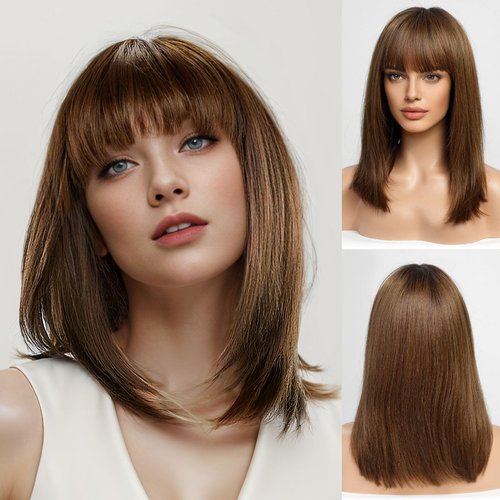 BLONDE UNICORN 16 Inch Bob Wig with Bangs Human Hair,Natural Brown Bob Wigs for White Women,100% Human Hair Shoulder Length Wigs for Daily Use 180 Density
