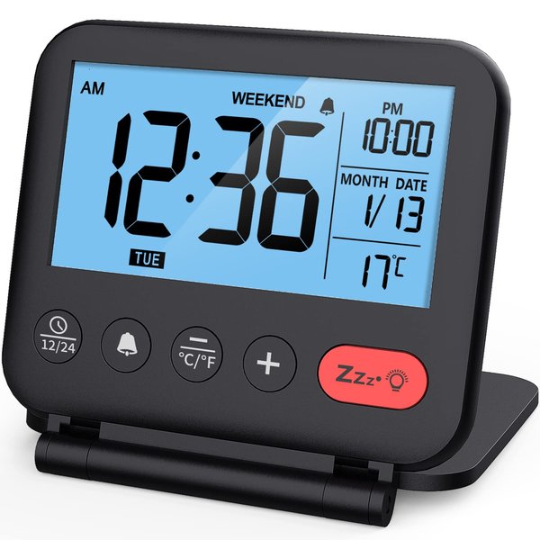 NOKLEAD Digital Travel Alarm Clock for Bedroom Office - 3.14 inch Display, 10s Backlight, 9 Mins Snooze, 12/24H, Weekend Mode, Date and Temp, Battery Include (Black)
