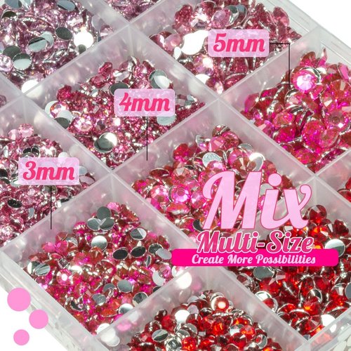 qiipii Resin Rhinestones Bulk for Crafting 3mm 4mm 5mm 4 Color Flatback Crystal Stones Non-Hotfix Light Pink Hot Pink Red Resin Gems Diamonds for Nails Eyes Face Makeup Crafts DIY Tumblers Bottles