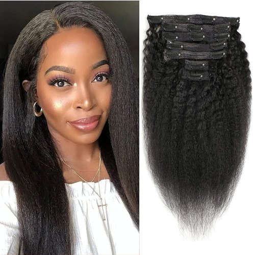Kinky Straight Clip In Hair Extensions for Black Women Real Human Hair Coarse Yaki Clip Ins Hair Extensions, Brazilian Remy Kinky Straight Clip ins Hair Natural Black 7Pcs 100Gram/Pack (18 Inch)