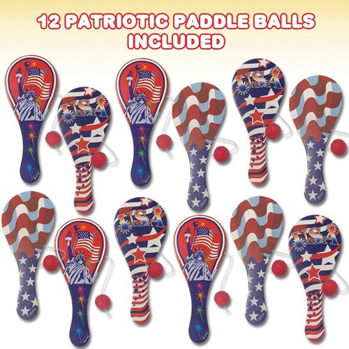 ArtCreativity Assorted Patriotic Paddle Balls, Set of 12, American Flag Paddleball with String, July 4th Party Favors for Kids, Fun Activity Toys for Memorial, Veterans, and Independence Day