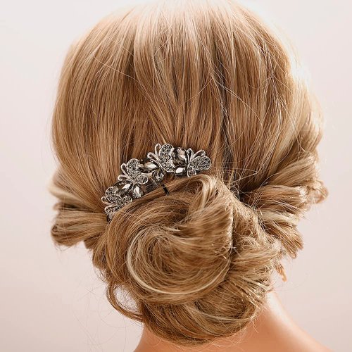 Aimimier Butterfly Rhinestone French Hair Combs Dainty Crystal Hair Pieces Wedding Long Teeth Hair Pins Luxury Bridal Hair Accessories for Women and Girls(Gray)