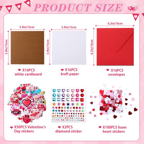 32 Pack Valentines Crafts Valentines's Day Kits for Kids Valentines DIY Card with Envelopes Heart Foam Stickers Watercolor Double Sided Colored Paper Crystal Drill Sticker for Boys Classroom Gifts