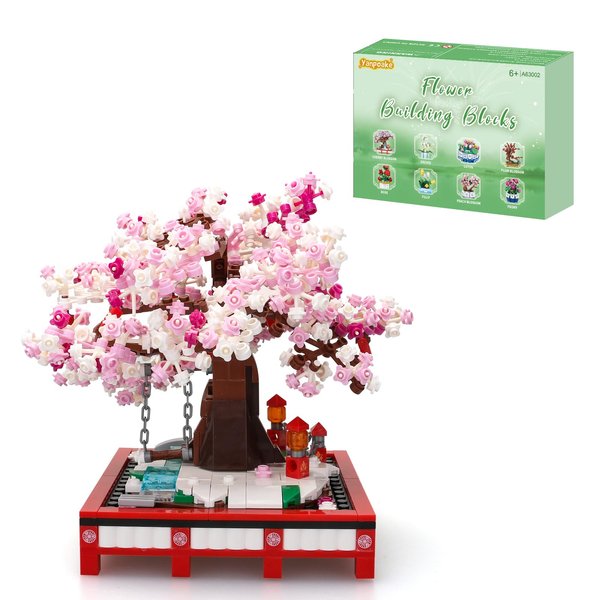 Small Bricks Cherry Blossom Tree Building Set Building Block Kit Sakura Bonsai DIY Toy Potted Plant Tree Regular Particle Simulation Flower Botanical Collection Construction Toy 648 Pcs 63001