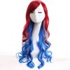 WTHCOS Mixed Red White Blue Long Curly Wavy Hair Wig With Slanted Bangs for Women Red White Blue Mixed Wig Heat Resistant Synthetic Hair Wigs for Daily Use Cosplay Wig With Wig Cap