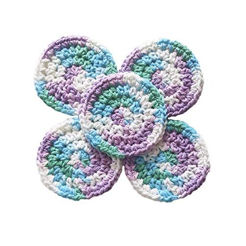 Purple Blue Green White Handmade Round Crochet Reusable Cotton Pads - Approx 2.5 inches, Set of 5