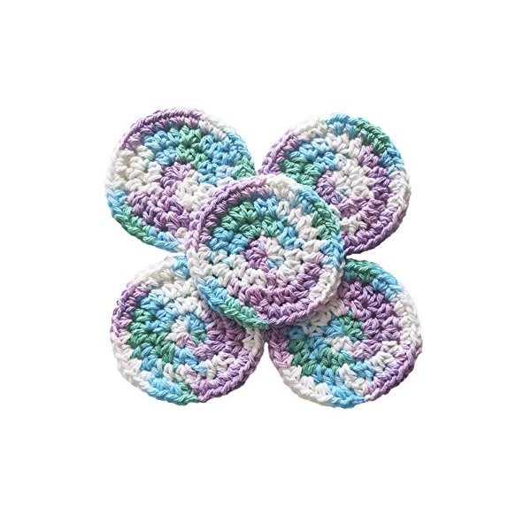 Purple Blue Green White Handmade Round Crochet Reusable Cotton Pads - Approx 2.5 inches, Set of 5