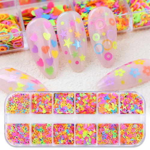 12 Grids Colorful Heart Nail Art Glitter Sequins 3D Holographic Mixed Pack Butterfly Star Letter Designs Glitter Flakes Acrylic Nail Supplies for Women Girls Manicure Decorations Accessories Set