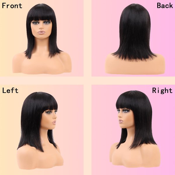 HOTJAR Short Bob Human Hair Wigs with Bangs None Lace Front Wigs Brazilian Straight Hair Machine Made Bob Wig for Black Women Natural Color (019# 12 Inch NT#)