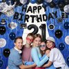 21st Birthday Decorations for Him, Blue Black Happy 21st Birthday Decorations for Men Women 21 Year Old Birthday Balloons Banner, Tablecloth, Fringe Curtains Hanging Swirls 21 Bday Party Decor for Her