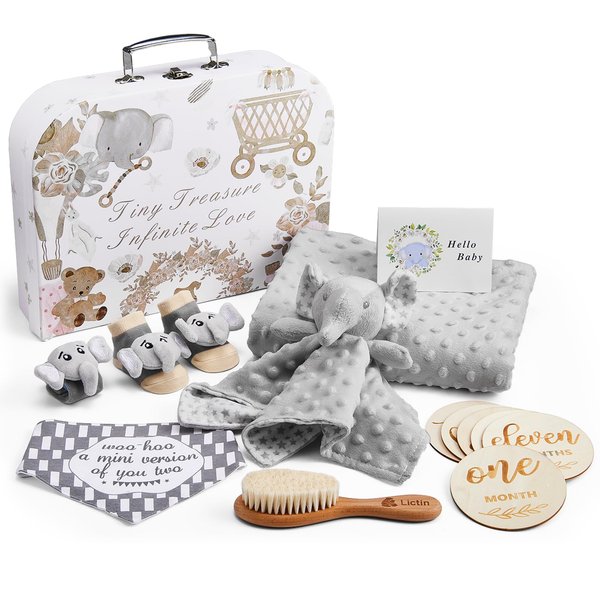 Lictin Baby Gift Set for Boys Girls, 14PCS Baby Shower Gifts, Neutral Newborn Gifts Basket with Baby Blanket, Wooden Monthly Milestone Cards, Elephant Security Blanket, Rattle Socks and Wrist