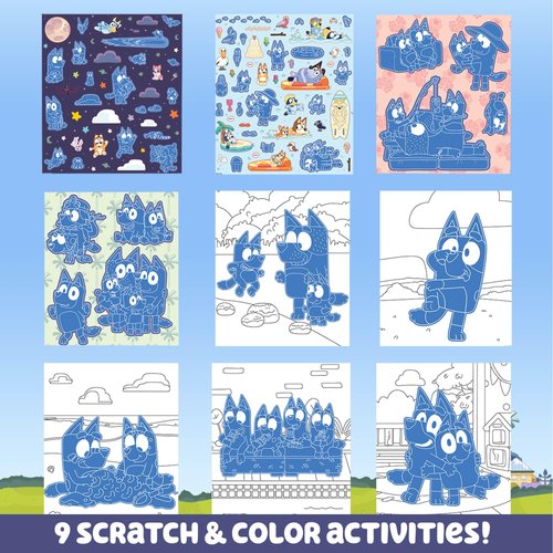 Bluey Scratch ‘n Color Pad, 9-Page Activity Coloring Book, Includes Scratch Art, Stickers for Kids, Bluey Toys, On the Go Activity Playset, Bluey Toys for Toddlers 1-3, Great Gift for Kids Ages 3 & Up