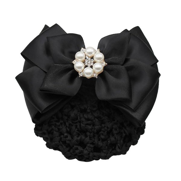 Bowknot Decor Snood Net Barrette Hair Clip Bun Cover Pearl Rhinestones Hairnet Bow French Hair Clip with Net Hair Accessories for Lady Women Black