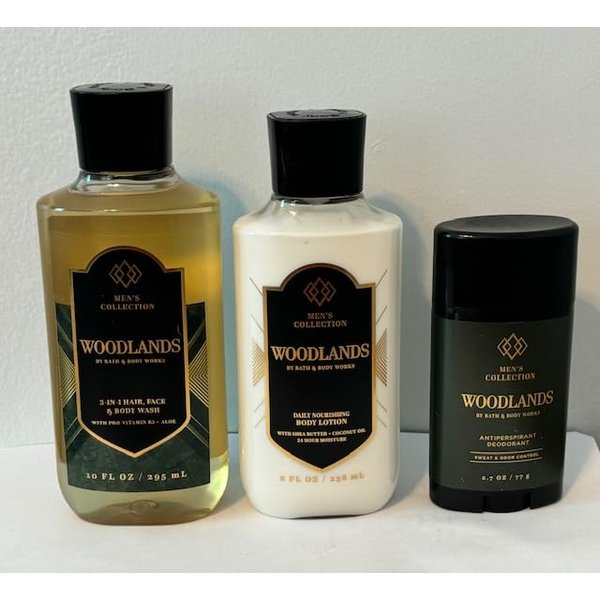 Bath Body Work Men's Collection Woodlands Trio Gift Set - Body Lotion, 3 in 1 Hair, Face & Body Wash, and Antiperspirant Deodorant (Packaging may vary)