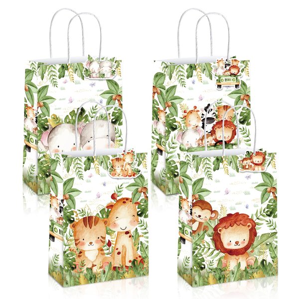 Mpanwen Safari Goodie Bags, 16 Pcs Jungle Wild One Party Favor Candy Treat Gifts Bags With Handle for Birthday Baby Shower Holiday Party Decorations