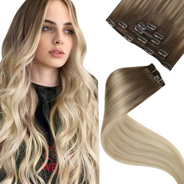 LaaVoo Ombre Clip in Hair Extensions Real Human Hair Light Brown Ombre Ash Blonde Mix Platinum Blonde Balayage Real Human Hair Clip in Extensions 20 Inch Hair Extensions Clip ins 5pcs/80g