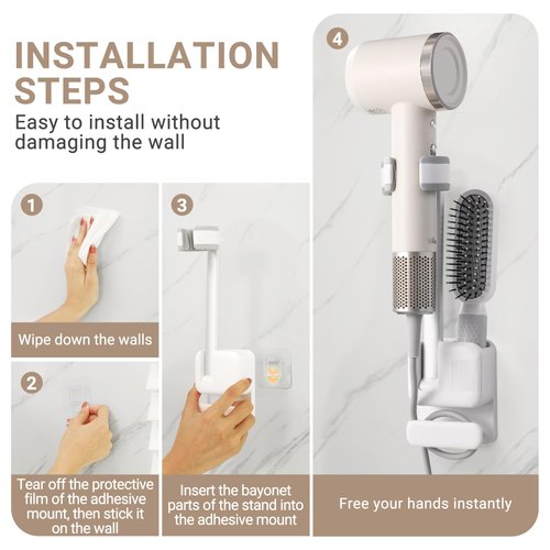Adjustable Hands-Free Hair Dryer Holder with 3 Powerful Adhesive Wall Hooks for Bathroom, Wall Mounting