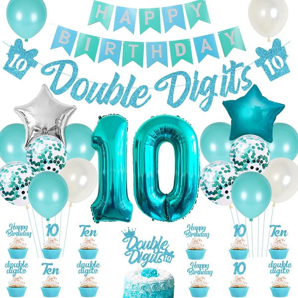 10th Birthday Decorations for Girls Teal, Double Digits Party Supplies Turquoise Banner Cake & Cupcake Toppers Number 10 Helium Balloon Star Foil Balloon for 10 Year Old Girl Party Decorations