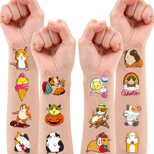 101 PCS Cute Guinea Pig Temporary Tattoos Themed Birthday Party Decorations Favors Supplies Décor Hamster Pet Mouse Animal Tattoo Stickers Gifts For Game Boys Girls Classroom School Prizes Reward