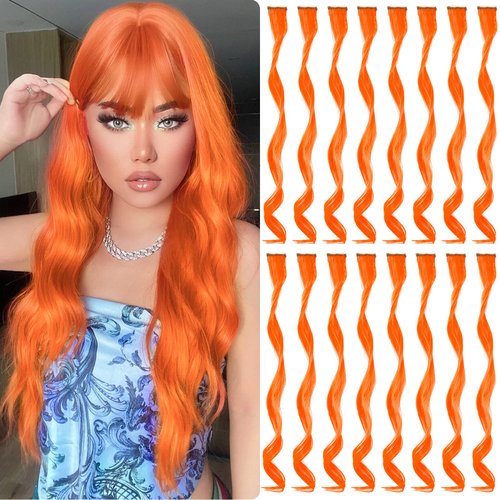 TOFAFA 16 Pcs Colored Hair Extensions Curly Wavy Clip in Synthetic Hairpiece Streak for Girls Women Kid, Multi-colors Party Highlights (Orange)