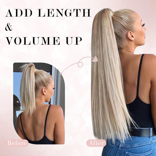 SEGO Pro Ponytail Extensions Human Hair Long Straight Ponytail Hair Extensions with Magic Paste Wrap Around Clip in Ponytail Extensions Real Human Hair,16inch #60 Platinum Blonde,80g
