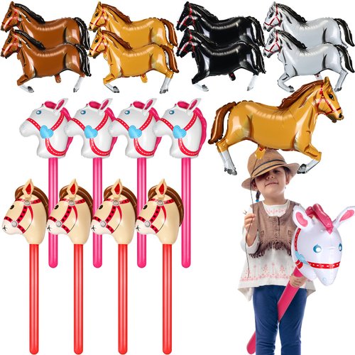 Roshtia 16 Pcs Inflatable Stick Horse and Horse Balloons for Kids Horse Racing Derby Party Supplies Cute Horsehead Stick Balloon Derby Day Party Decorations for Horse Themed Birthday Party Baby Shower