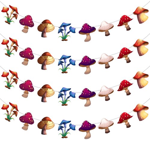 Tranqun 4 Set Mushroom Banner Mushroom Garland Mushroom Party Decorations for Baby Shower Wild Mushroom Themed Birthday Party Favors