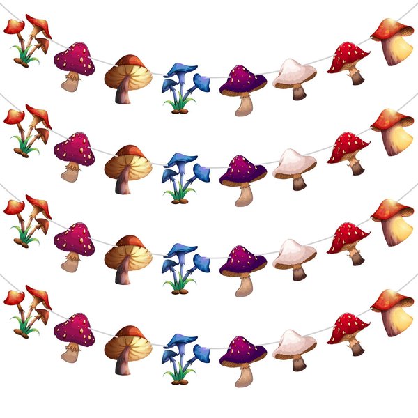 Tranqun 4 Set Mushroom Banner Mushroom Garland Mushroom Party Decorations for Baby Shower Wild Mushroom Themed Birthday Party Favors