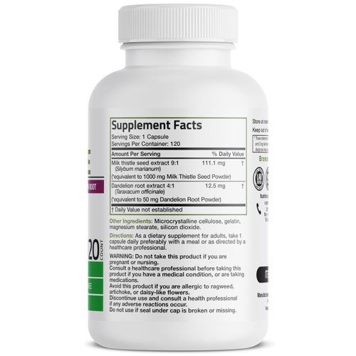 Bronson Milk Thistle Silymarin Marianum & Dandelion Root Liver Health Support, Antioxidant Support, Detox, 120 Capsules