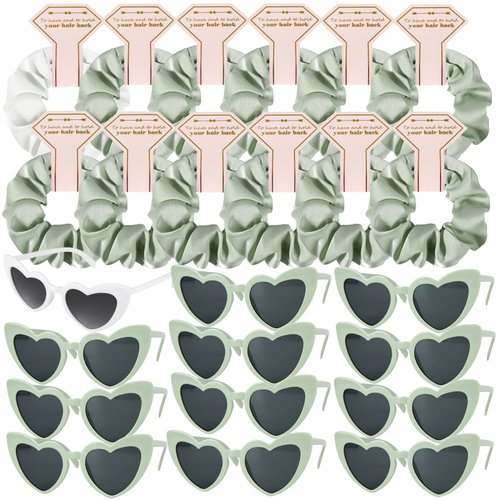 Loanzeg Satin Bridesmaid Scrunchies Bachelorette Hair Ties Set of 12 sunglasses Bridal Shower No Damage Hairties ideas Gift for Wedding Party Favors Bridesmaid Proposal Gifts (White&Sage Green)