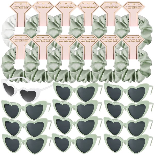 Loanzeg Satin Bridesmaid Scrunchies Bachelorette Hair Ties Set of 12 sunglasses Bridal Shower No Damage Hairties ideas Gift for Wedding Party Favors Bridesmaid Proposal Gifts (White&Sage Green)