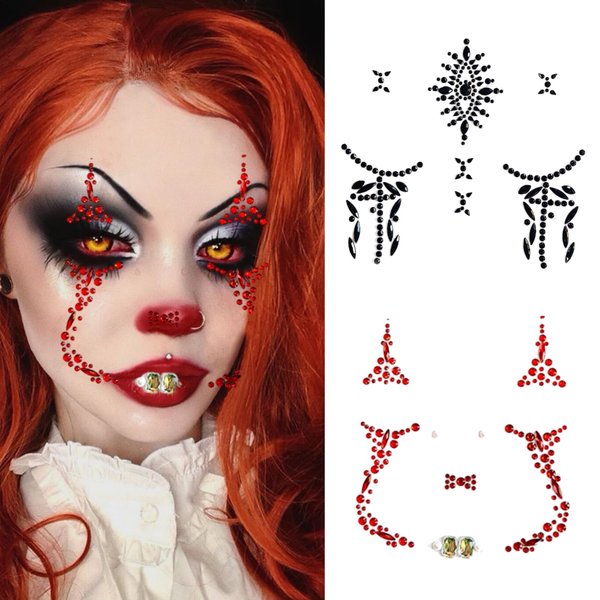 mdgfge 2 Pcs Halloween Face Gems Jewels Tattoos Day of the Dead Face Skull Temporary Tattoos Rhinestone Crystal Stones Red Black Makeup Stickers for Halloween Masquerade Party Accessories